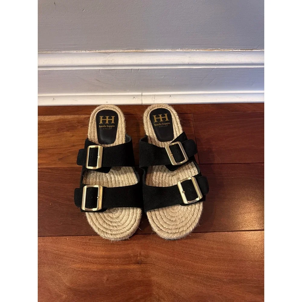 Haute Hippie Style Black Suede Espadrille Buckle Slide Sandals Womens 9M NIKKU